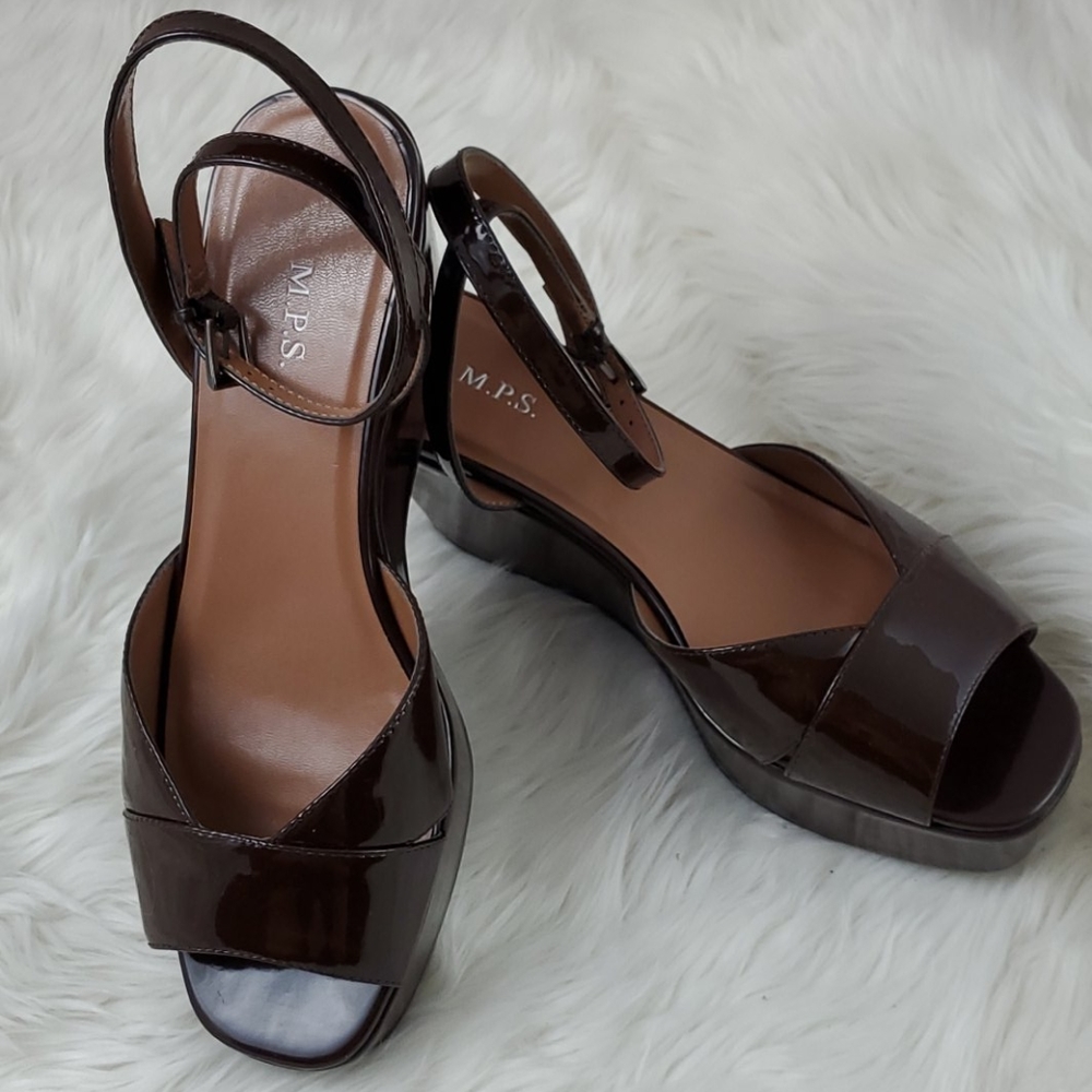 M.P.S. Brown Patent Ankle Strap Platforms 9
